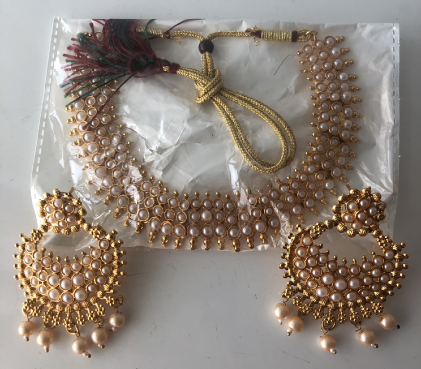 Gold Tone Pearl Necklace and Earrings Set