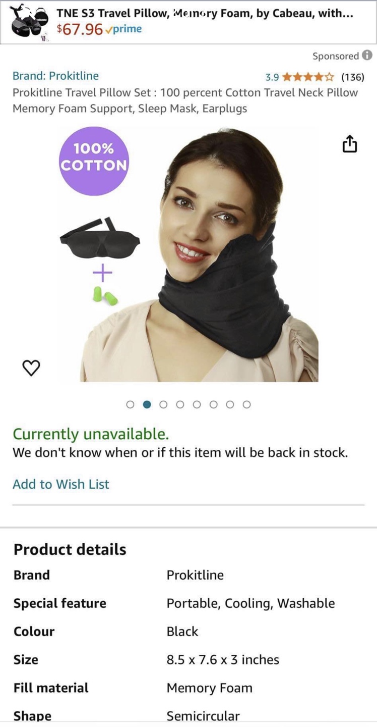 Prokitline Travel Neck Pillow, Memory Foam, Black