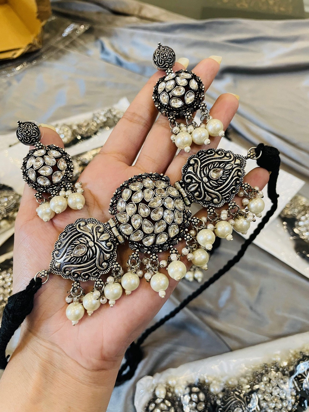 Silver Oxidized Necklace Set with White Pearls