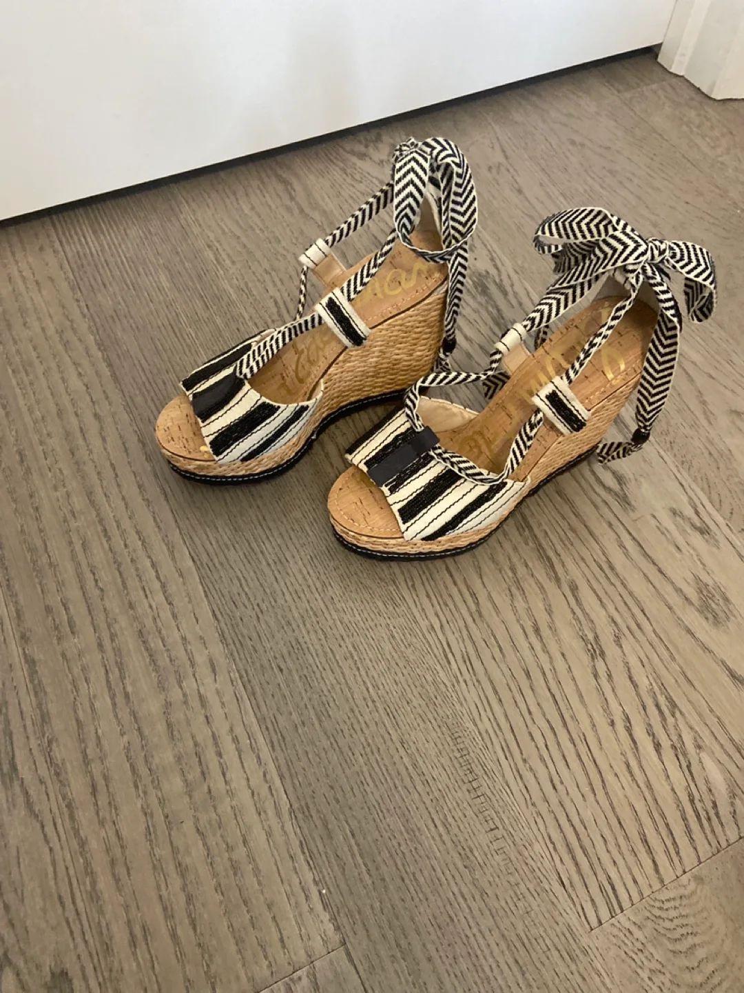 Sam Edelman Black and White Striped Wedges thumbnail