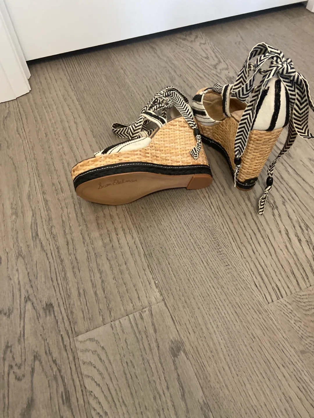 Sam Edelman Black and White Striped Wedges image indicator(3)