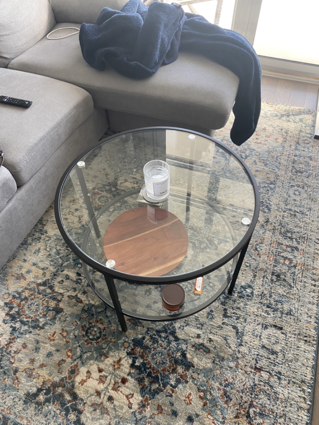 Round Glass Coffee Table with Black Metal Frame