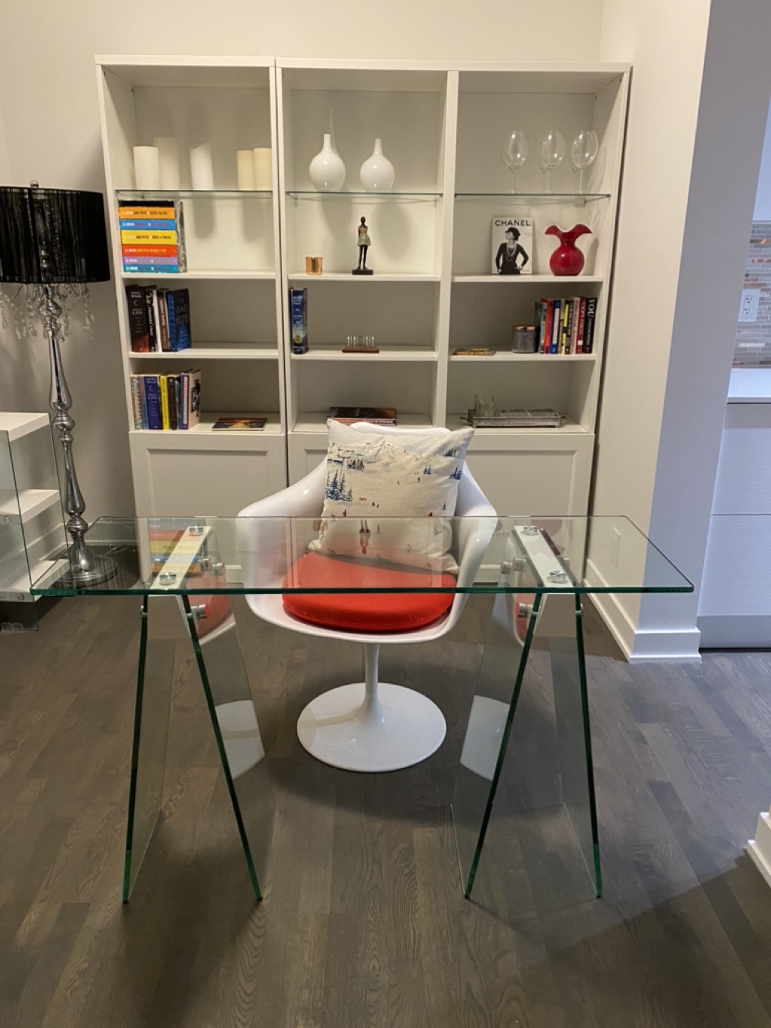 Glass Desk and comfy swivel desk chair