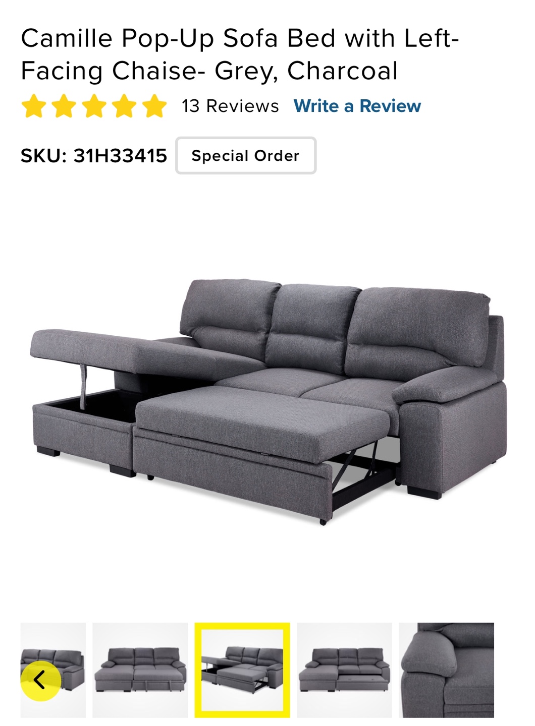 Pop-Up/Pull-Out Sectional Sofa Bed - Charcoal
