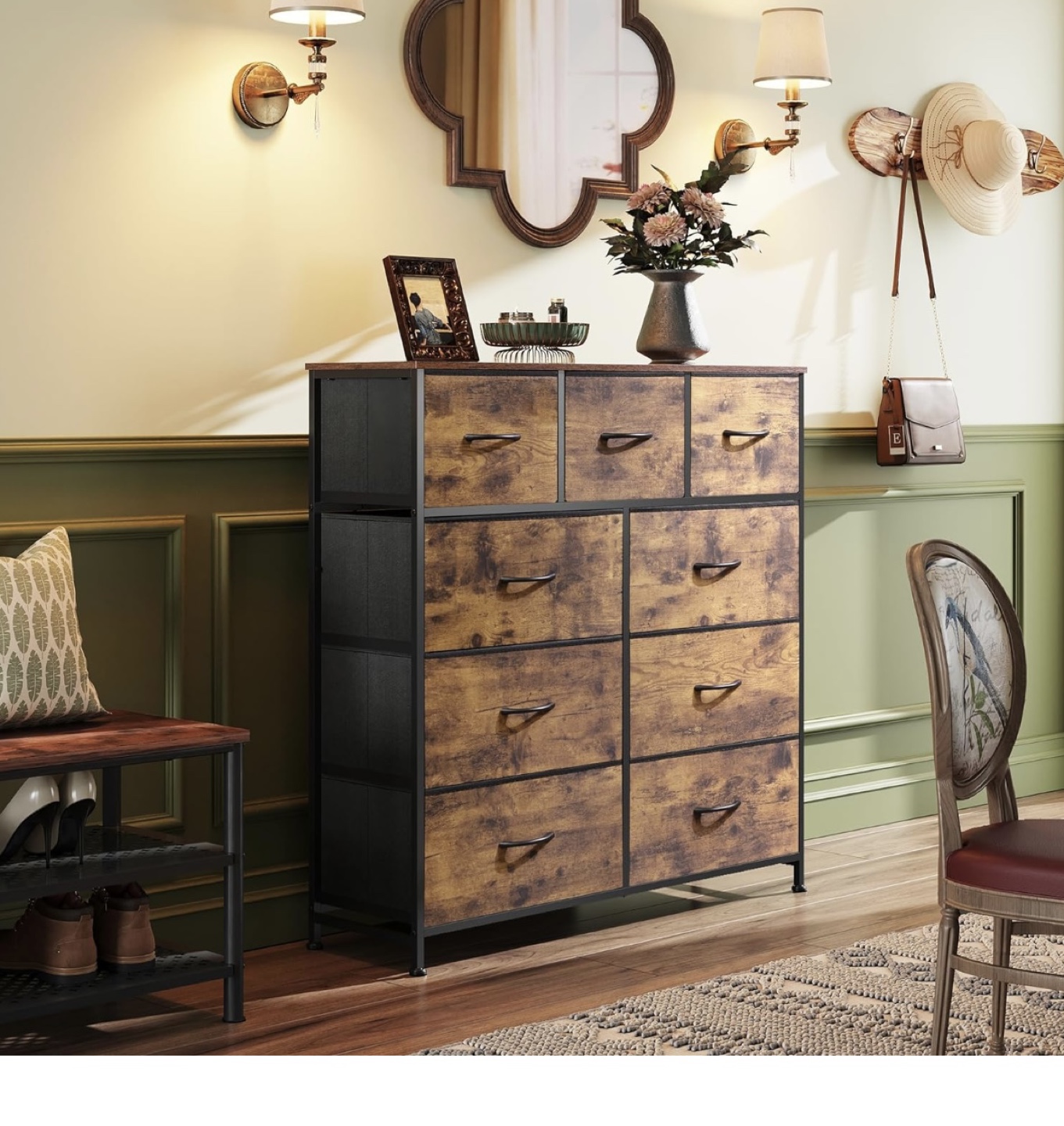 Rustic 9 Drawer Chest with 2 Storage Bins