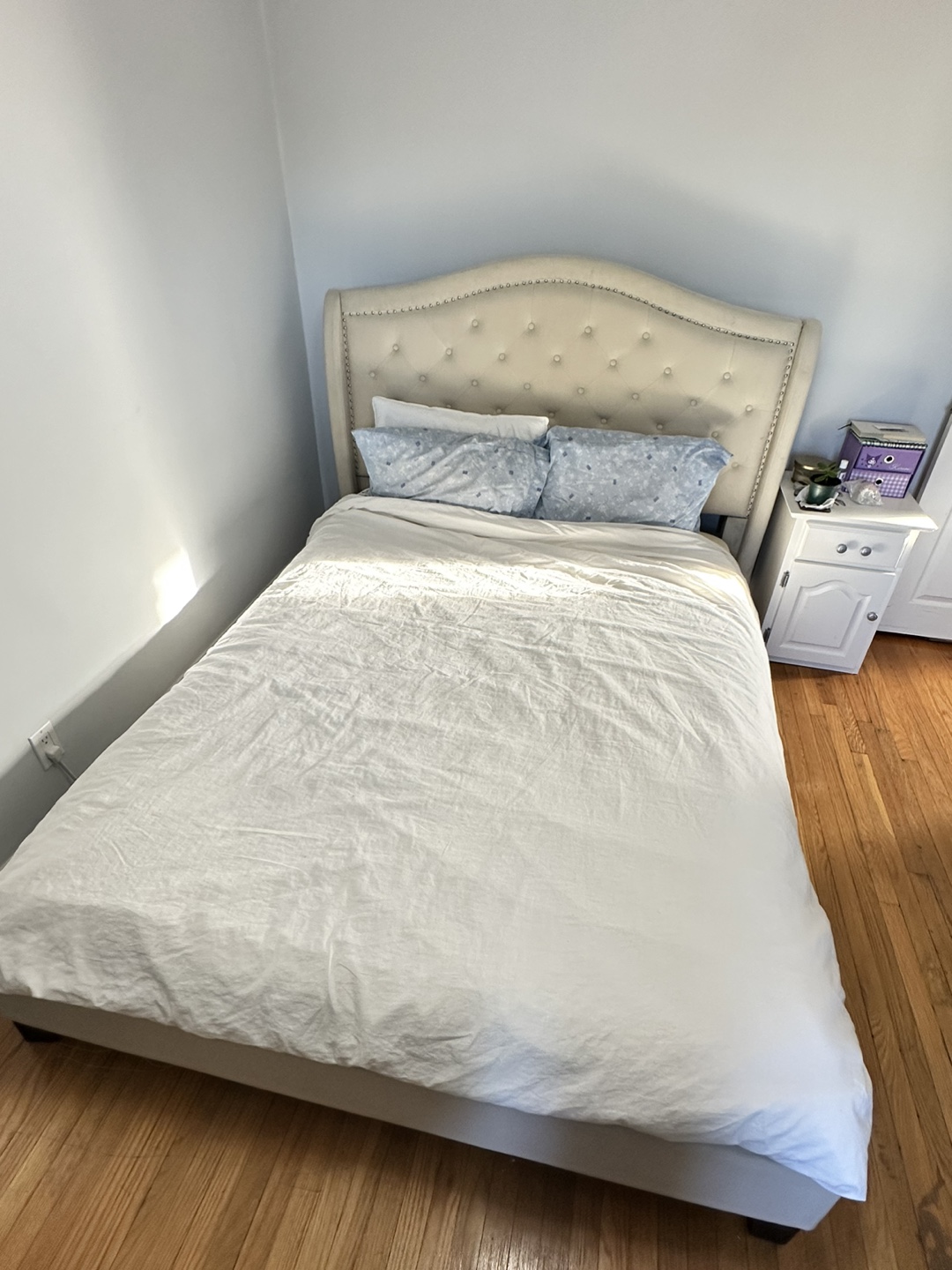 RESERVED - Queen Upholstered Bed Frame + Mattress if interested