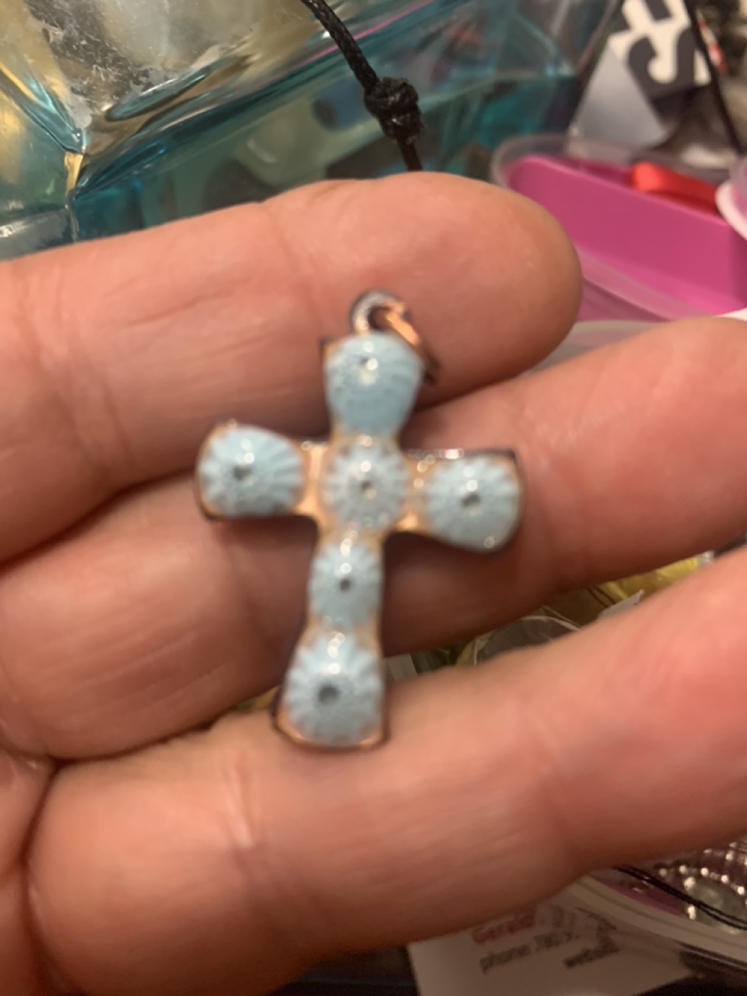 Blue enamel cross pendant from lourdes blessed