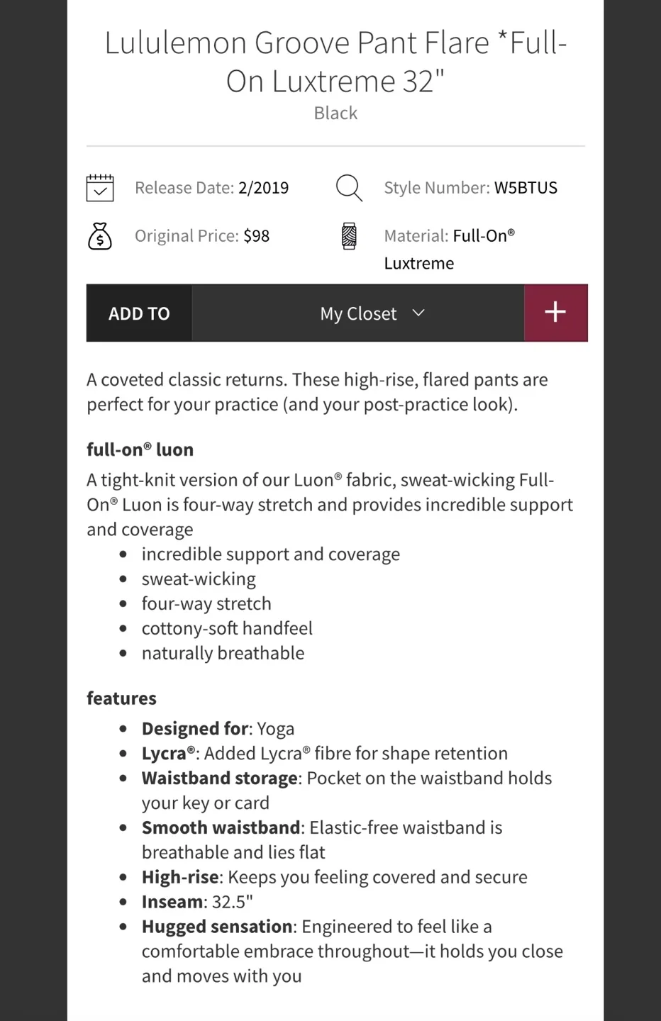 Lululemon Groove Pant Flare - Full-On Luxtreme 32" image indicator(3)
