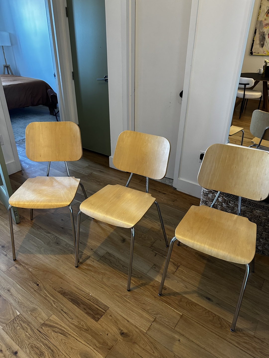 Set of 3 Wooden Dining Chairs with Chrome Legs