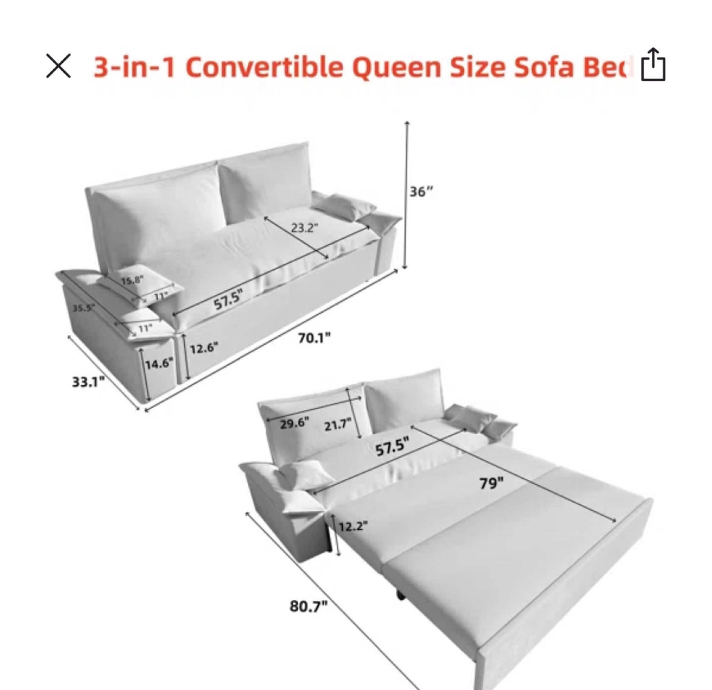 3-in-1 Convertible Queen Size Sofa Bed - photo 4
