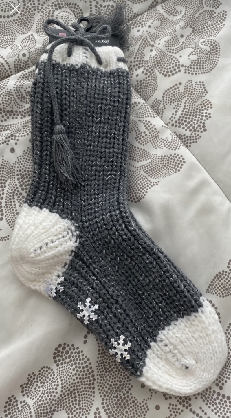 Grey and White Knitted Slipper Socks with Tassel