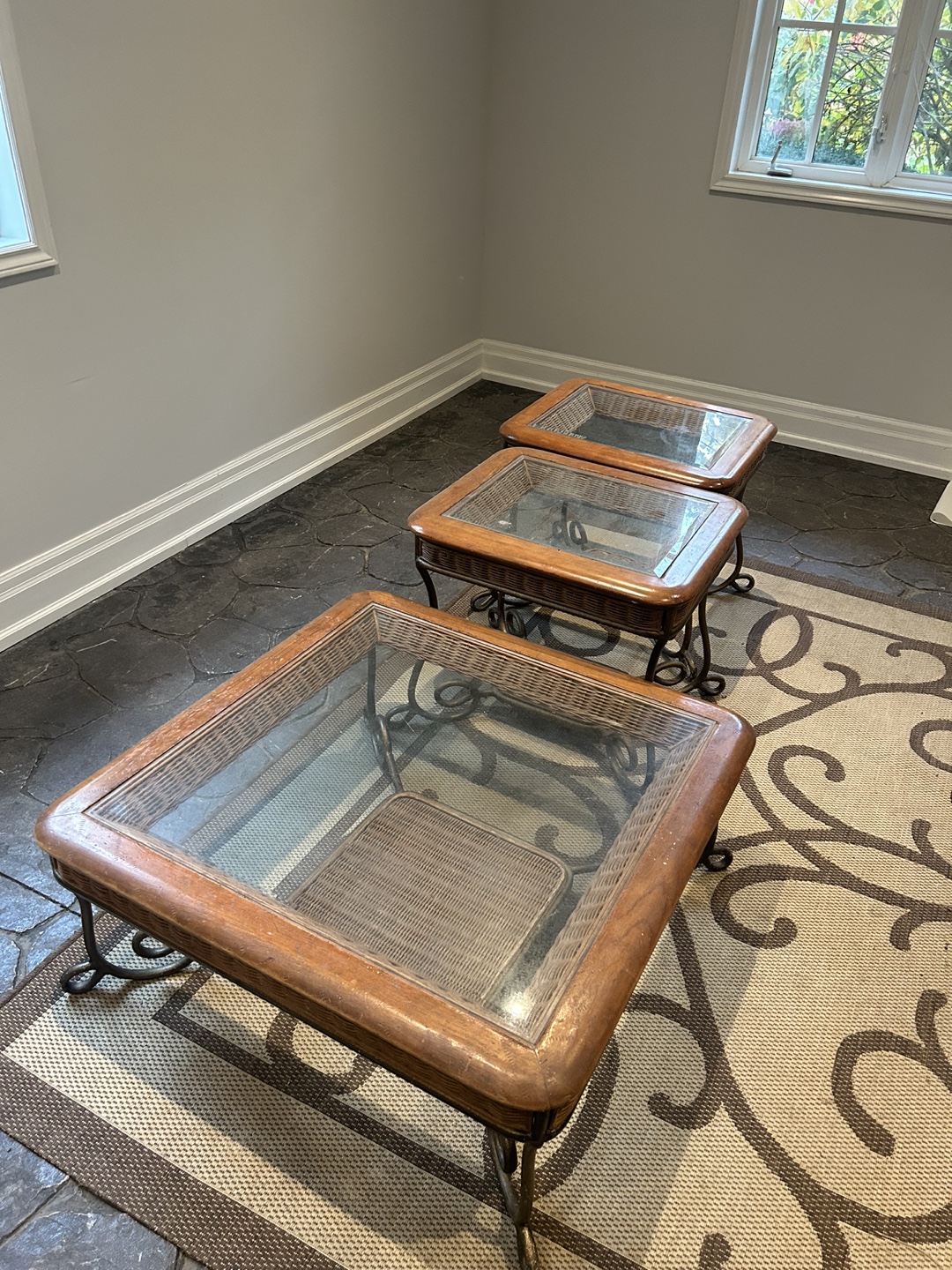 Set of 3 Wicker End Tables and coffee table