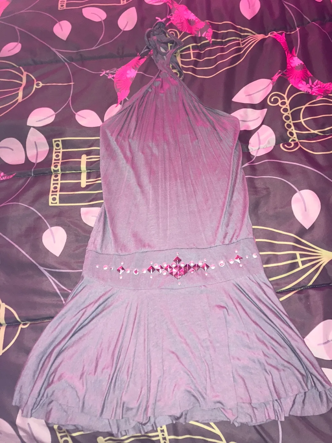 Gray Halter Dress with Rhinestones thumbnail