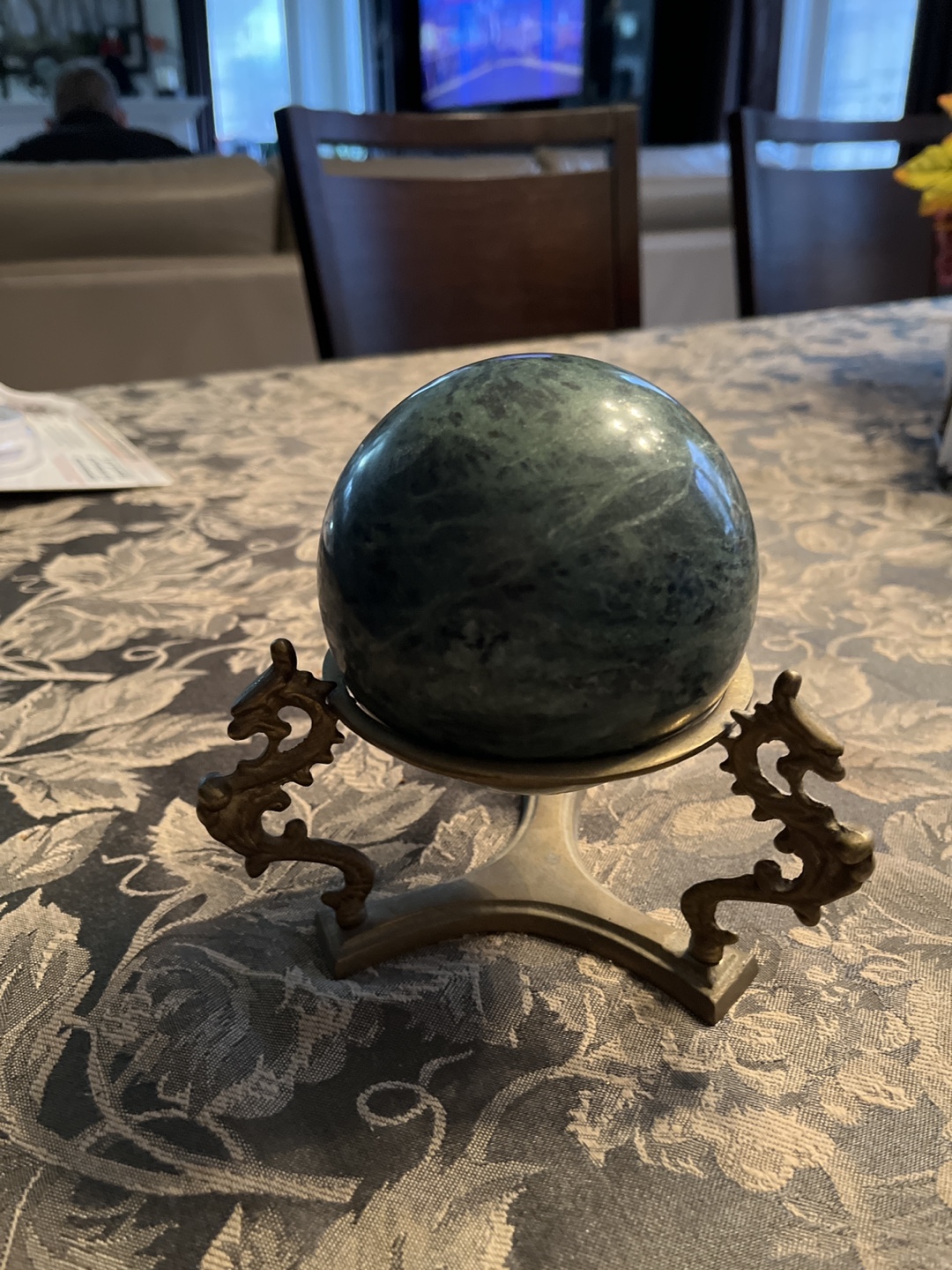 Green Marble Sphere on Brass Dragon Stand