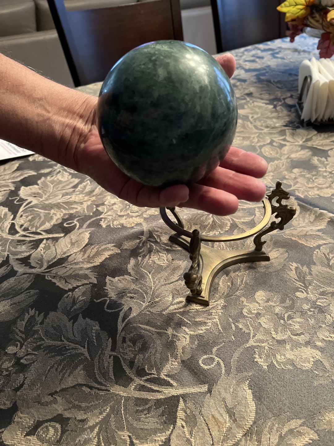 Green Marble Sphere on Brass Dragon Stand - photo 2