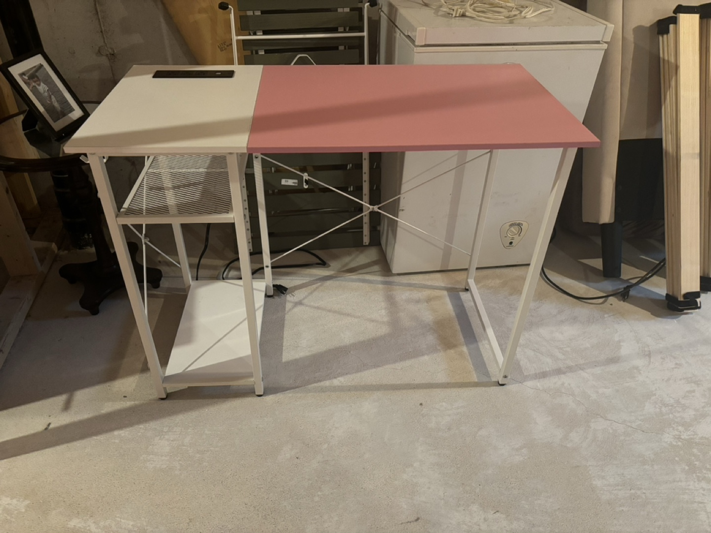 Pink and White Desk with Shelf and Outlets