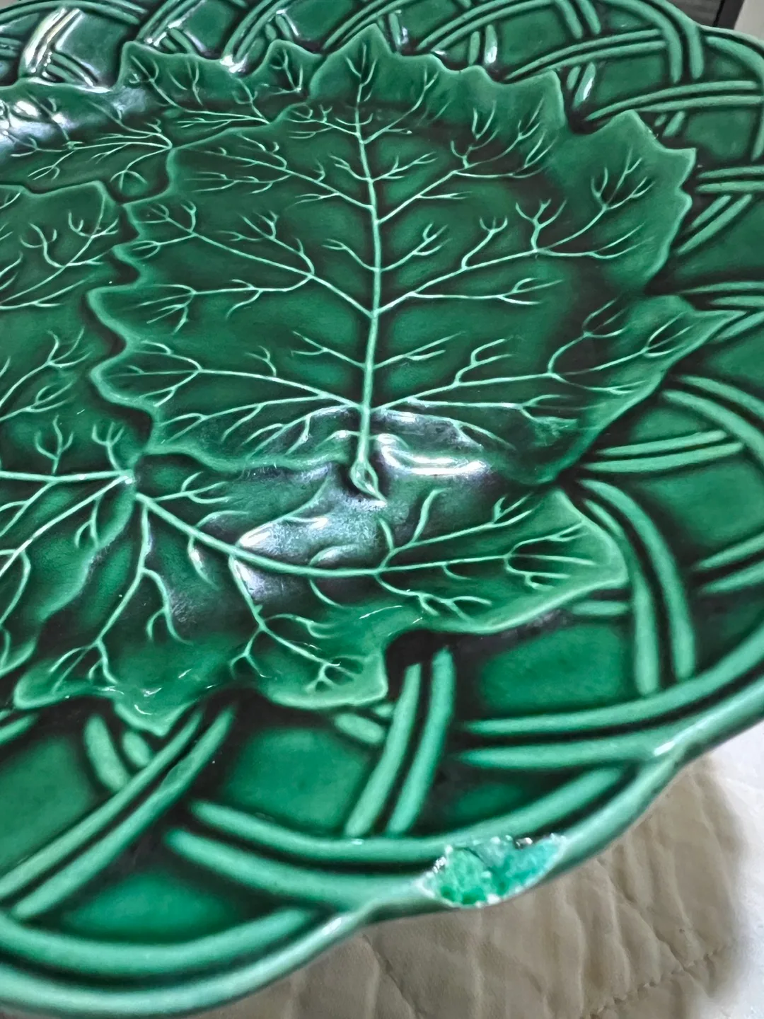 Vintage Green Leaf Majolica Plate image indicator(2)