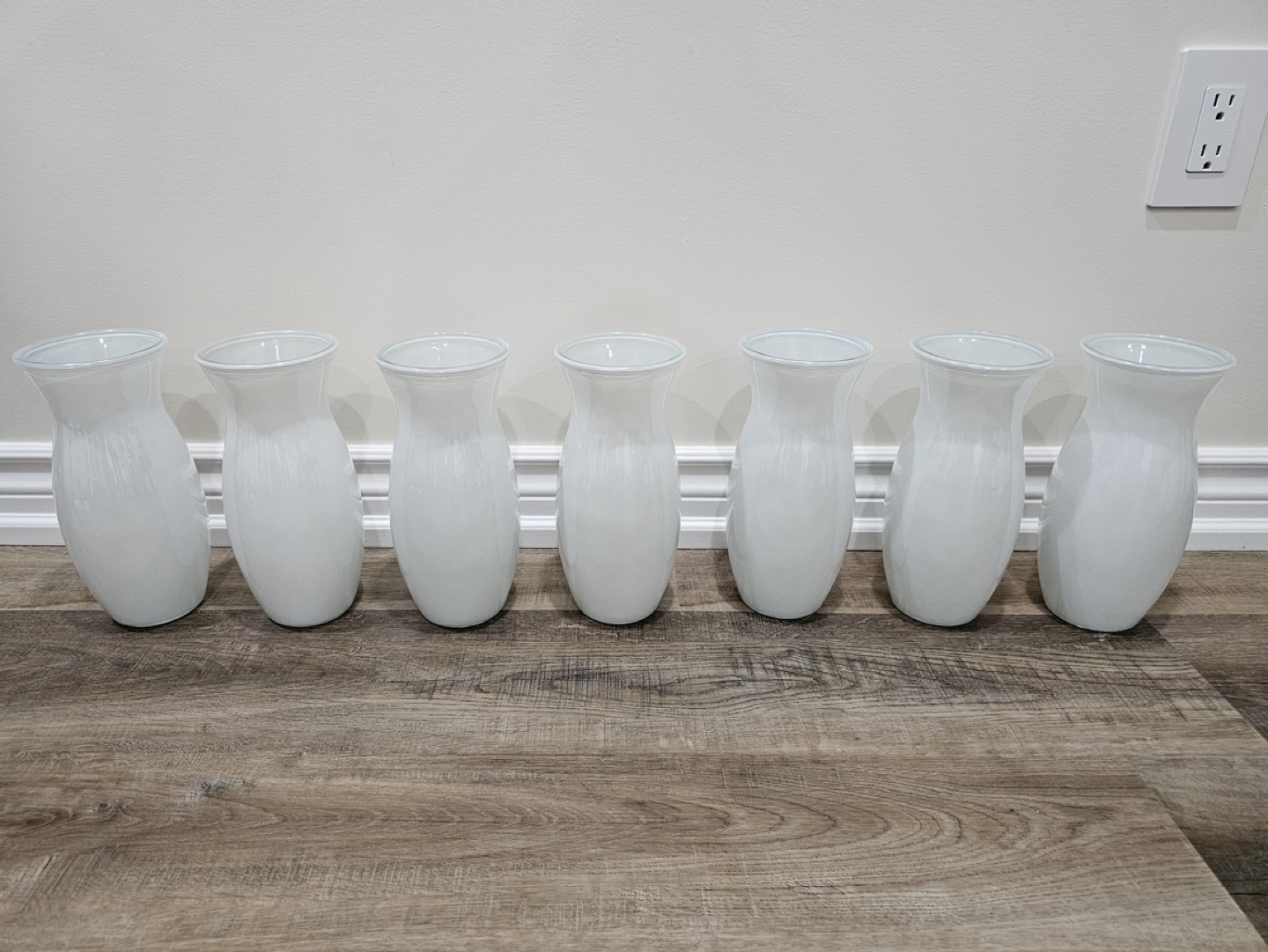 Set of 7 White Glass Vases