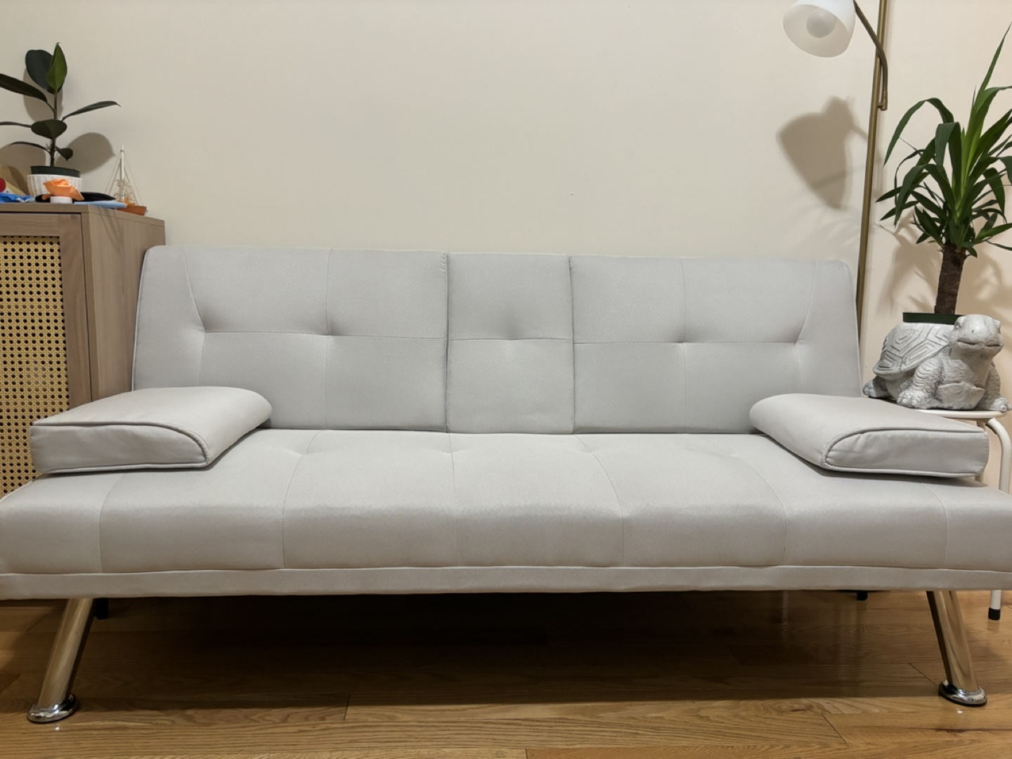 White Futon Sofa Bed with Cup Holder
