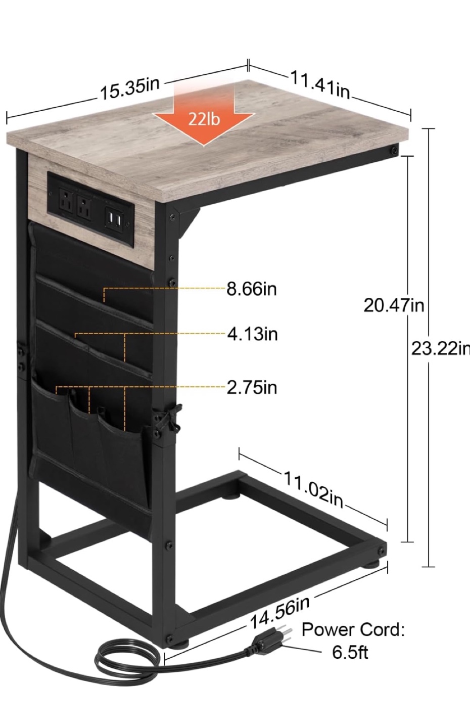 C Shaped End Table with Outlets and Storage Set of 2 - photo 2