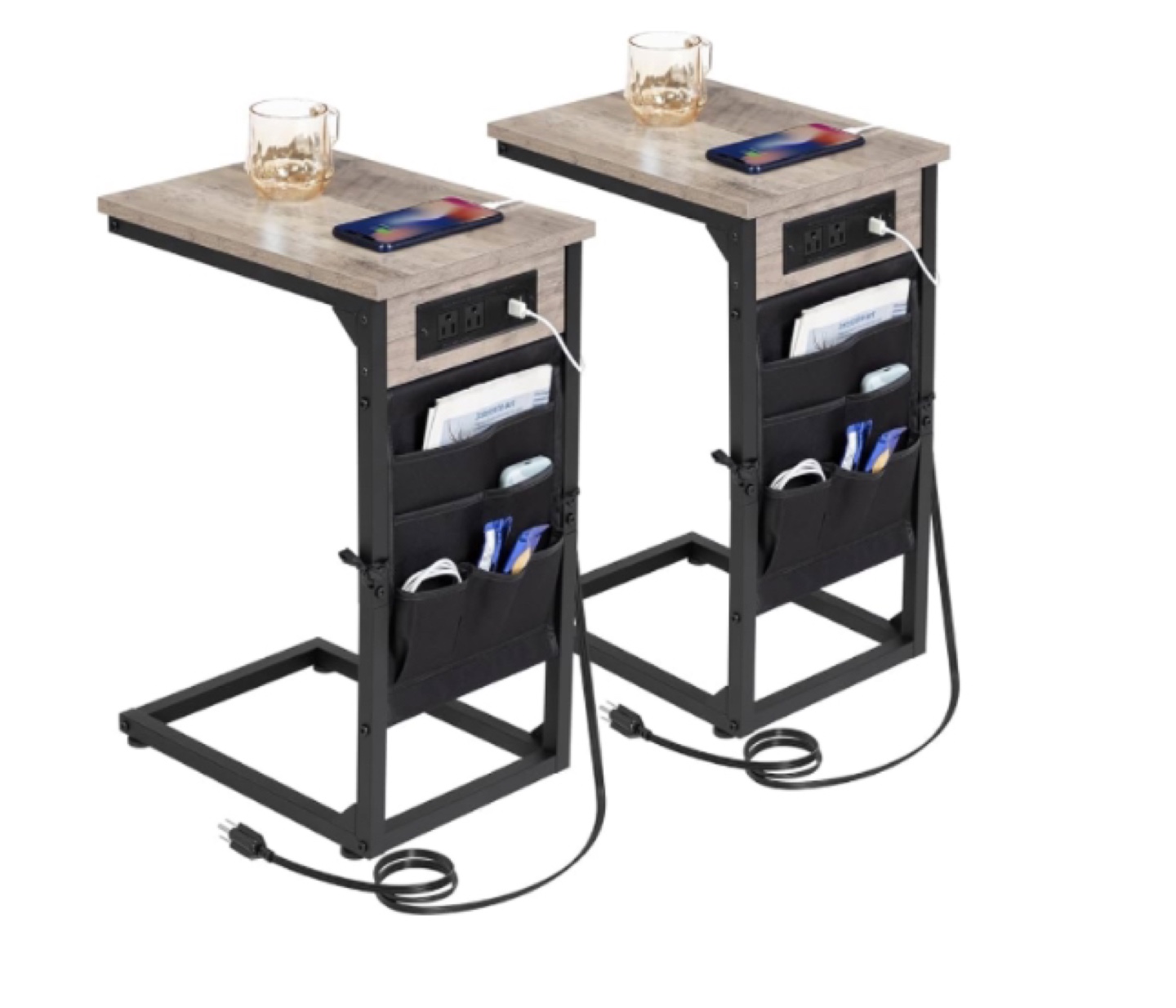 C Shaped End Table with Outlets and Storage Set of 2
