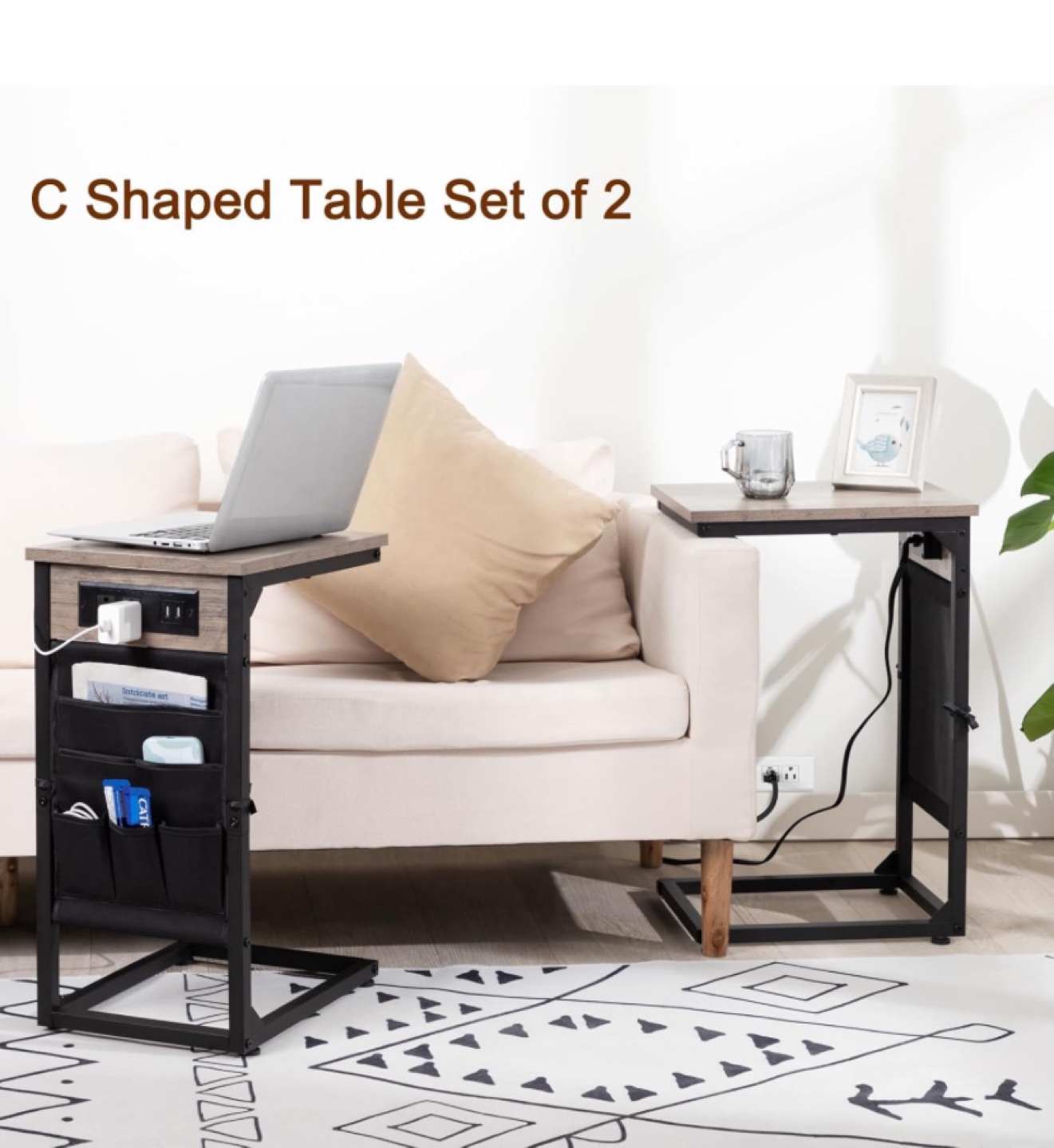 C Shaped End Table with Outlets and Storage Set of 2 - photo 5