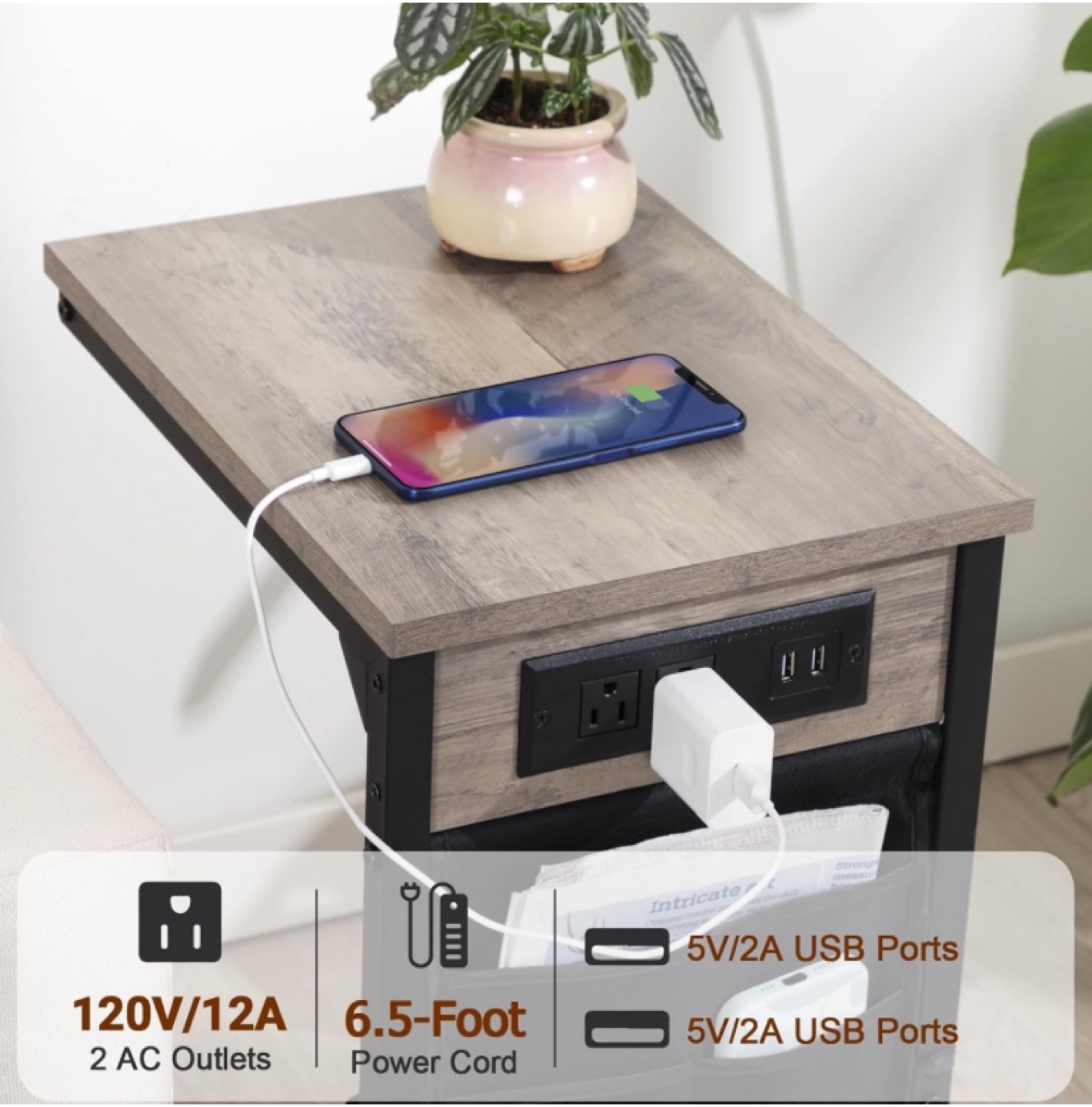 C Shaped End Table with Outlets and Storage Set of 2 - photo 3