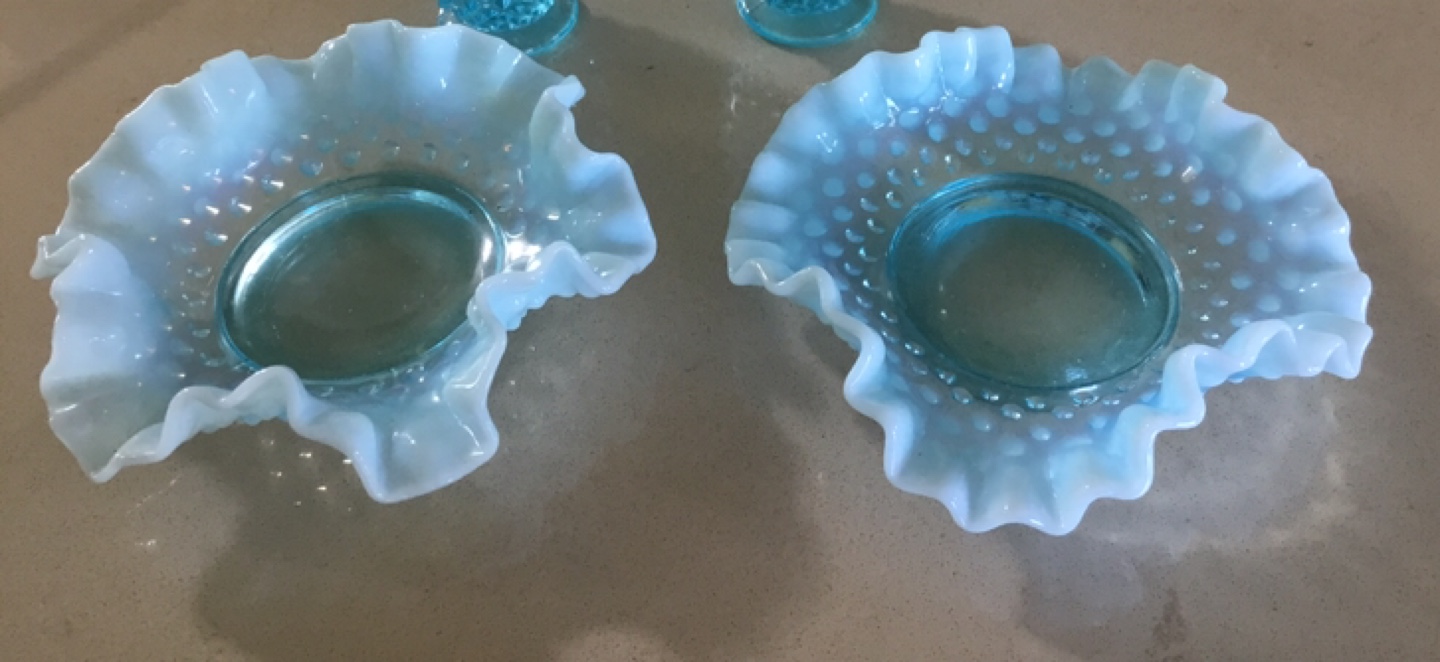 Vintage Blue Opalescent Ruffled Dish