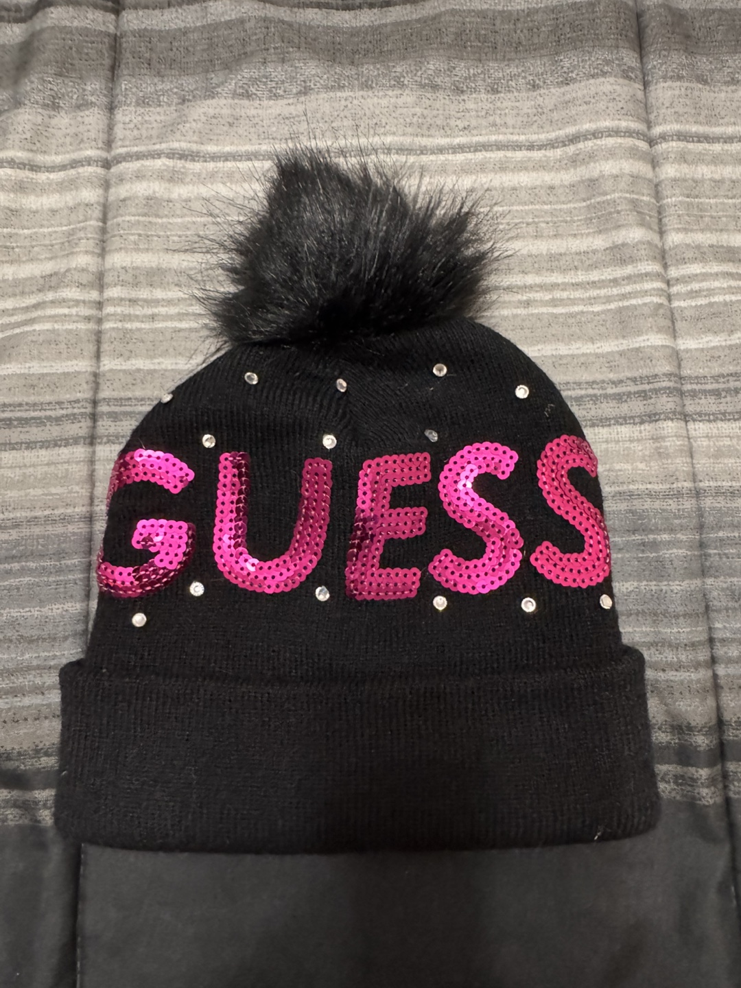 Guess Black Beanie with Pom Pom