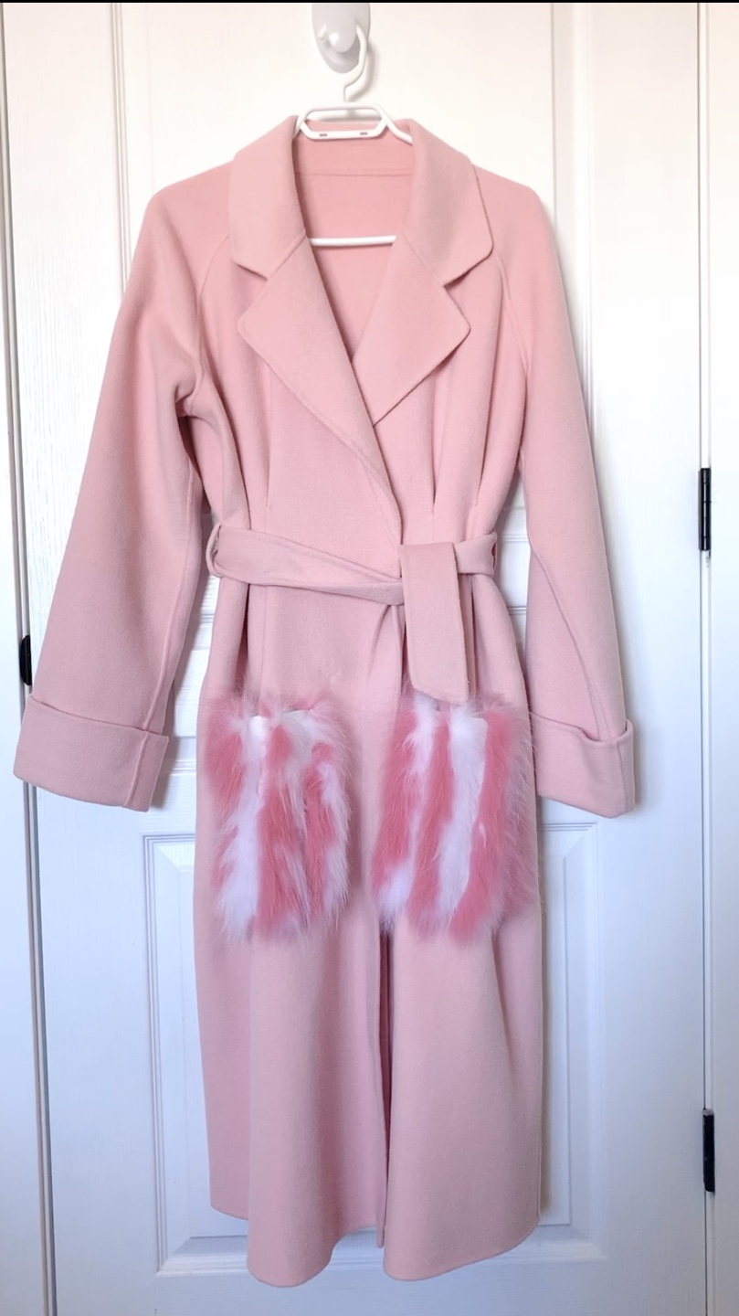 $450 Pink Wool Coat with Fur Trim