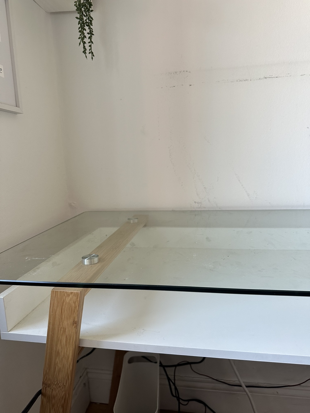 Glass Top Desk with White Base and Wooden Legs - photo 2
