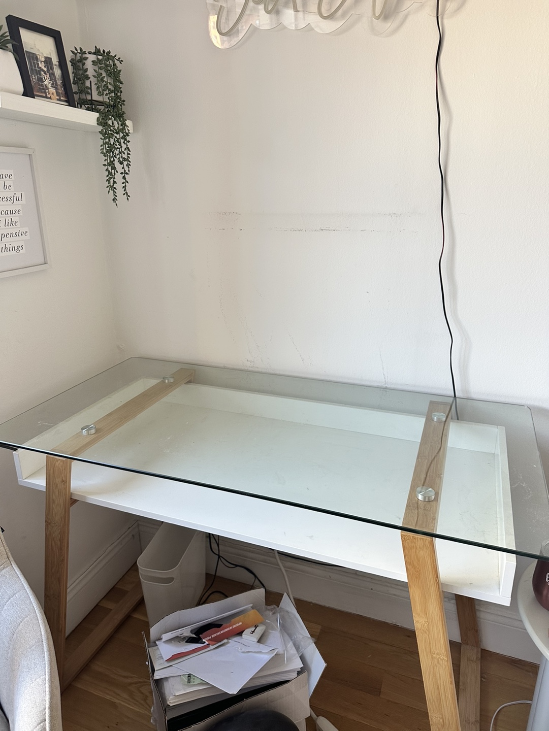 Glass Top Desk with White Base and Wooden Legs