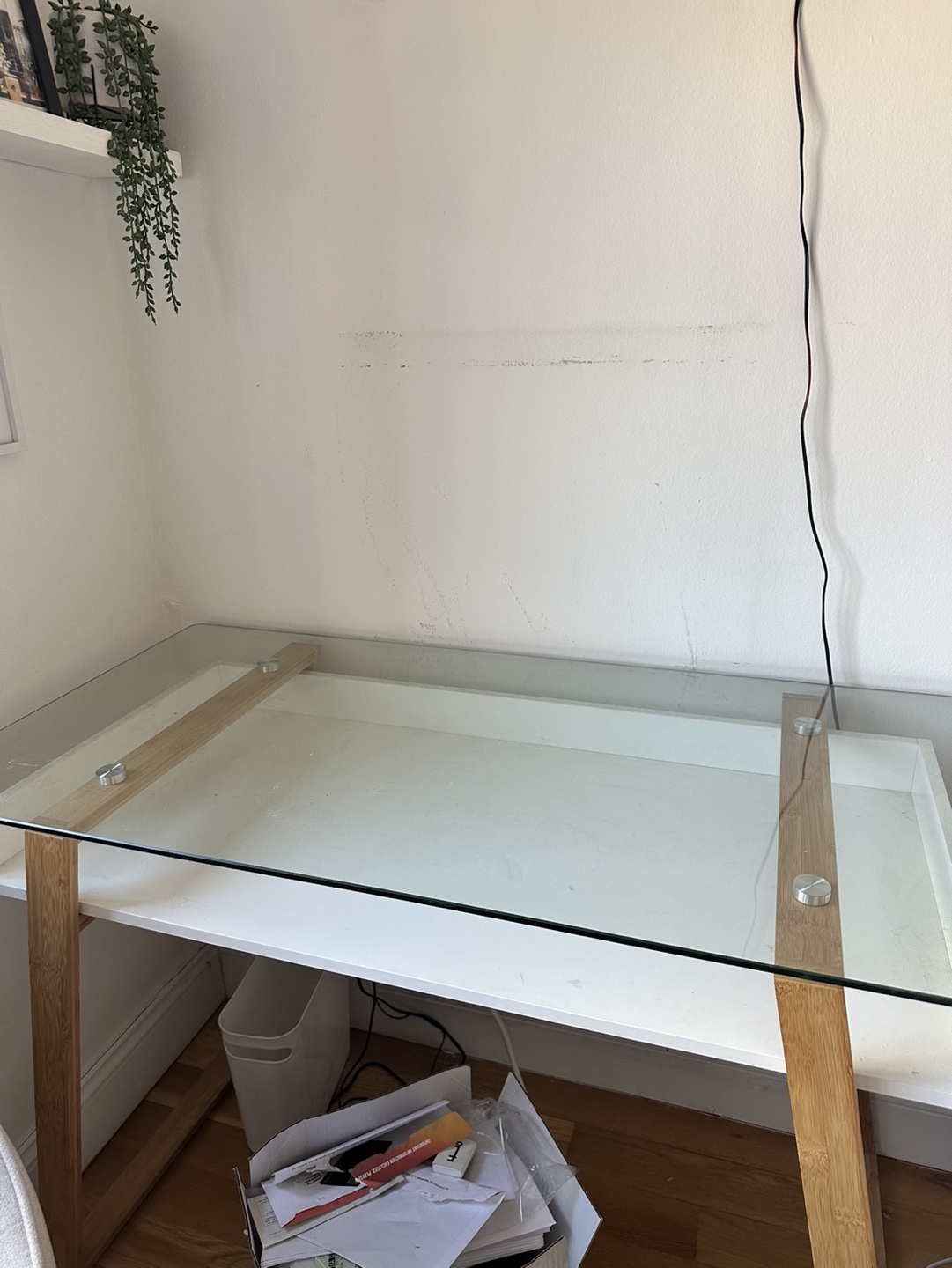 Glass Top Desk with White Base and Wooden Legs - photo 3