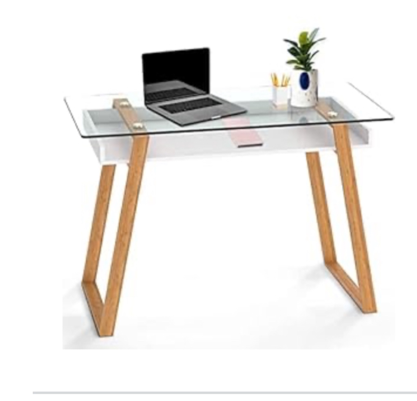 Glass Top Desk with White Base and Wooden Legs - photo 4