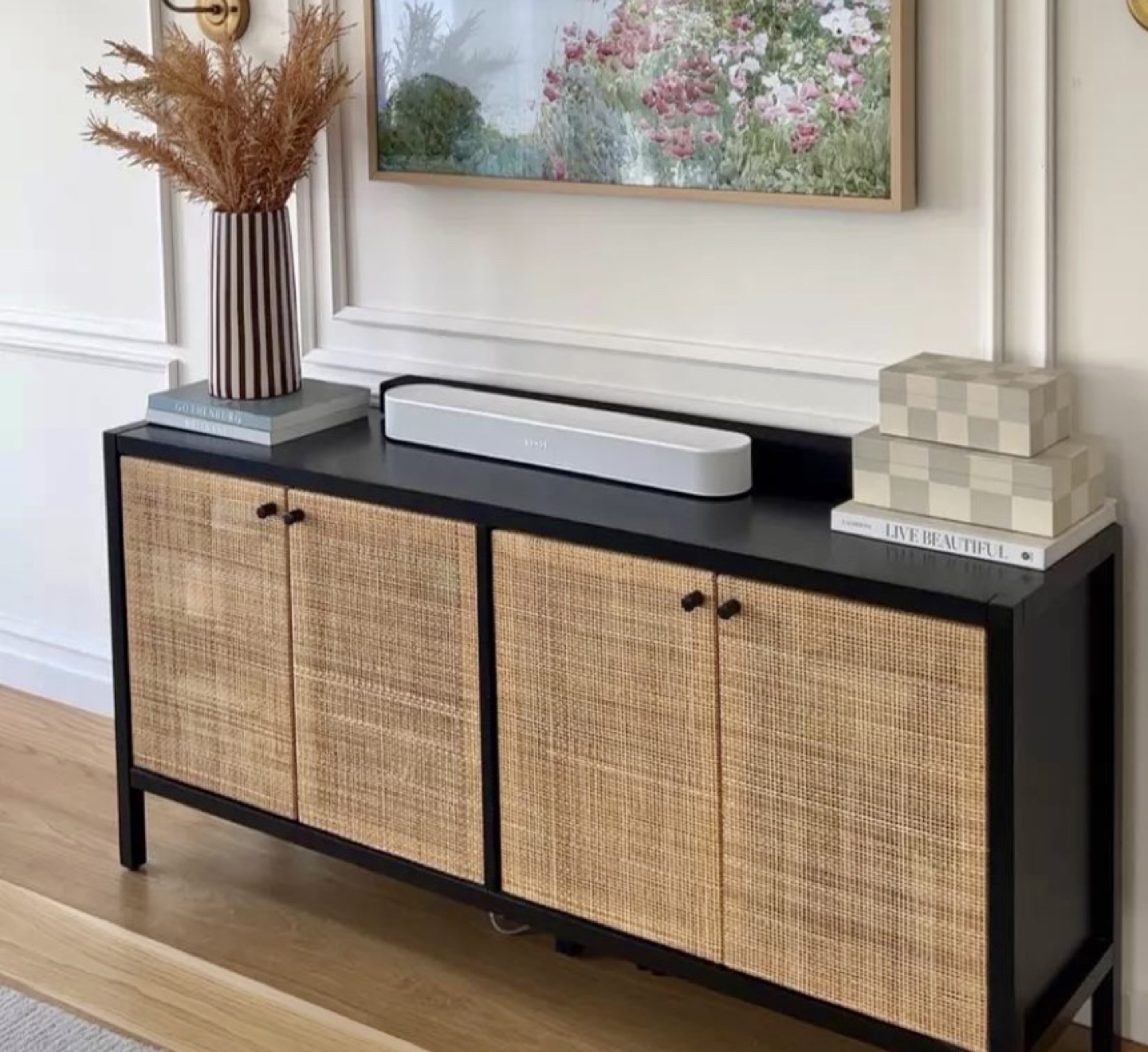 Black 4-Door Caned Cabinet