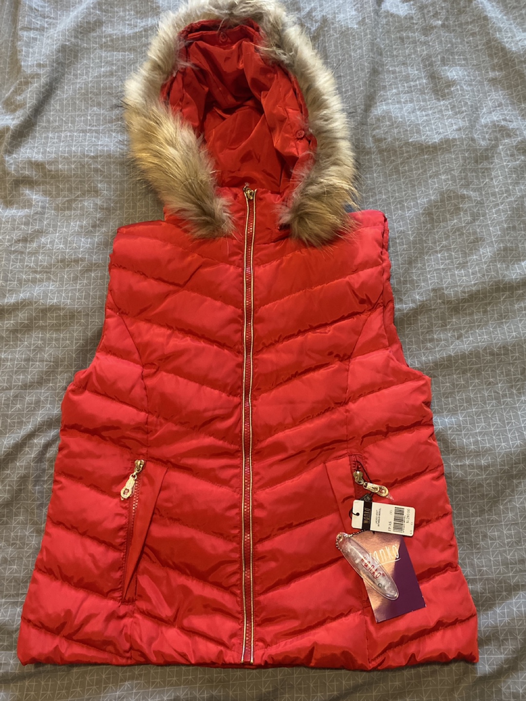 Red Puffer Vest with Faux Fur Hood