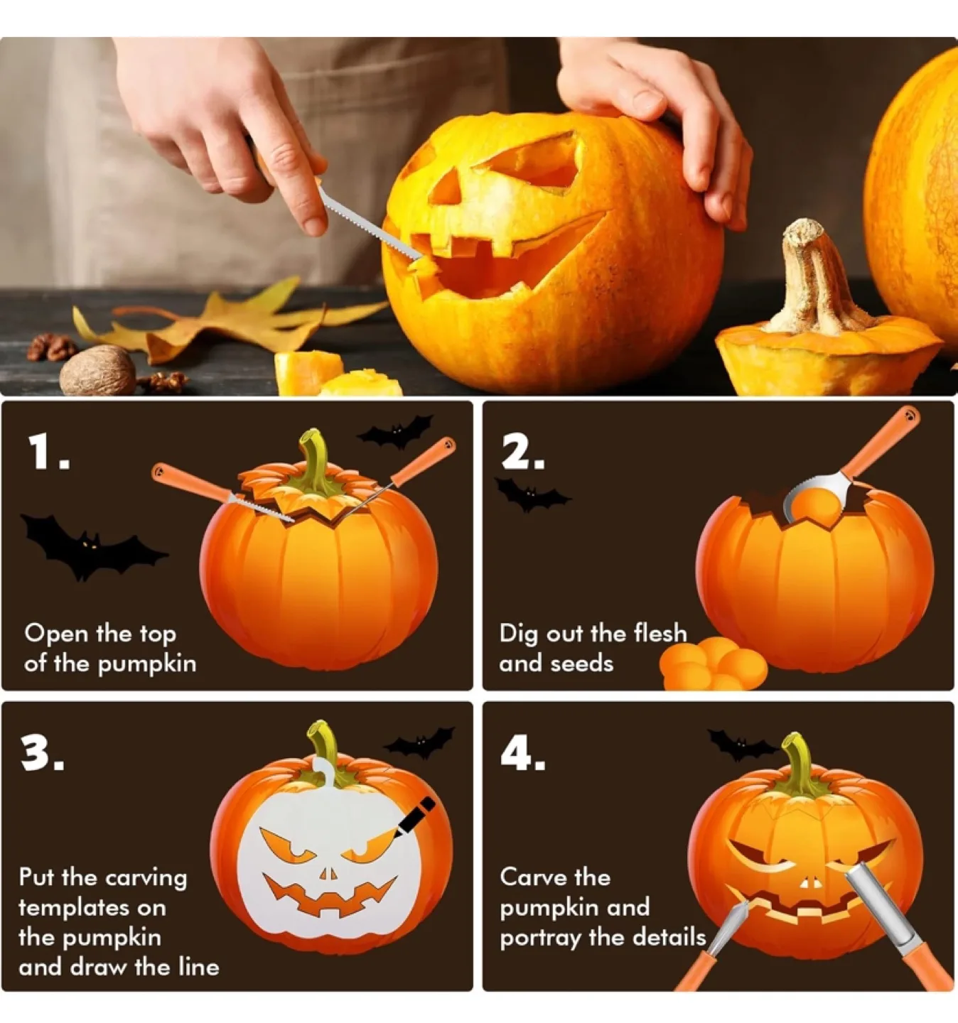 Pumpkin Carving Kit - 12 Piece Set with 6 Templates image indicator(5)