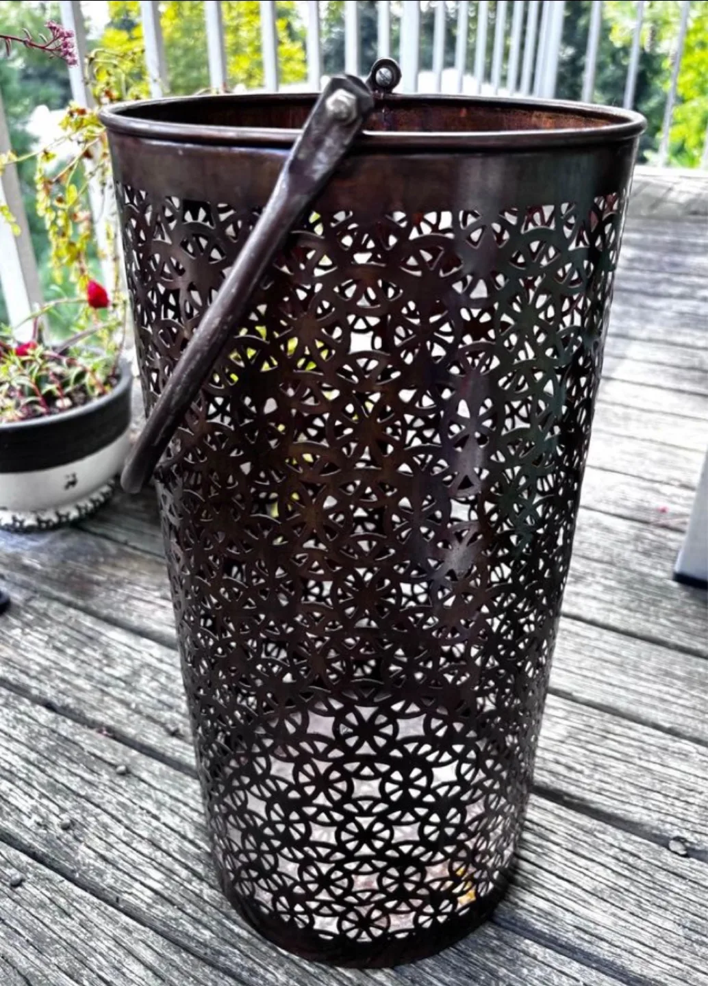 Rustic Bronzed Filigree Basket with Tall Handle Like New image indicator(4)