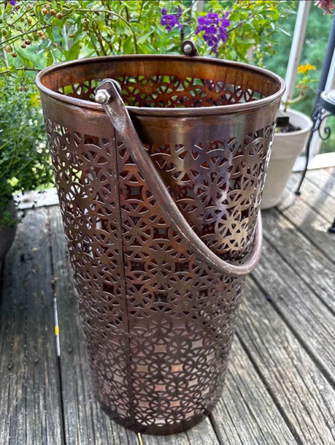 Rustic Bronzed Filigree Basket with Tall Handle Like New image indicator(2)