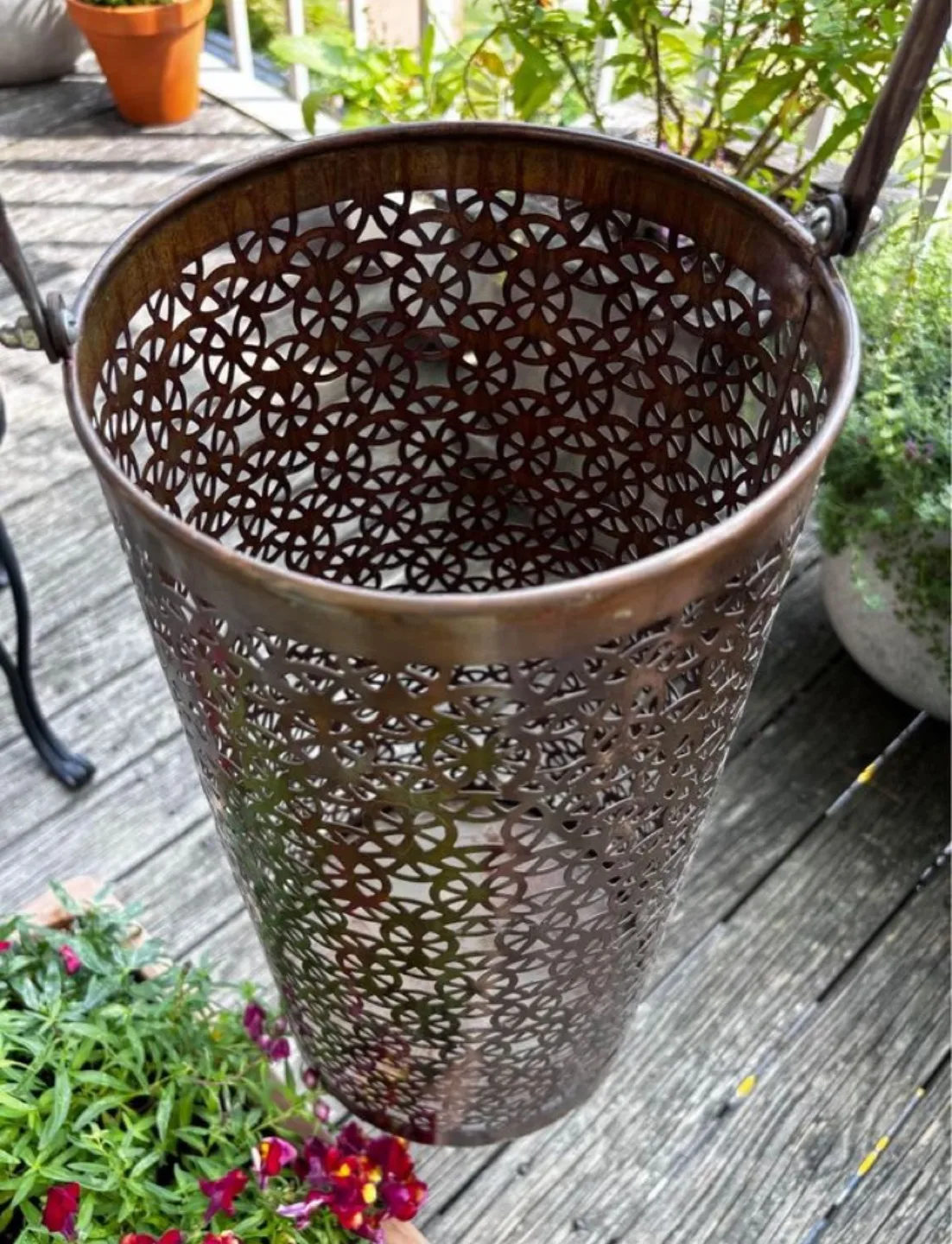 Rustic Bronzed Filigree Basket with Tall Handle Like New image indicator(6)