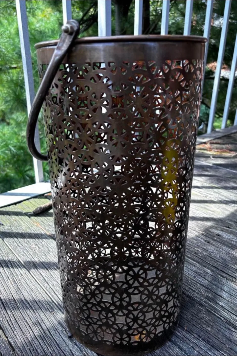 Rustic Bronzed Filigree Basket with Tall Handle Like New image indicator(5)