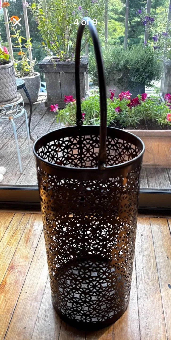 Rustic Bronzed Filigree Basket with Tall Handle Like New image indicator(3)