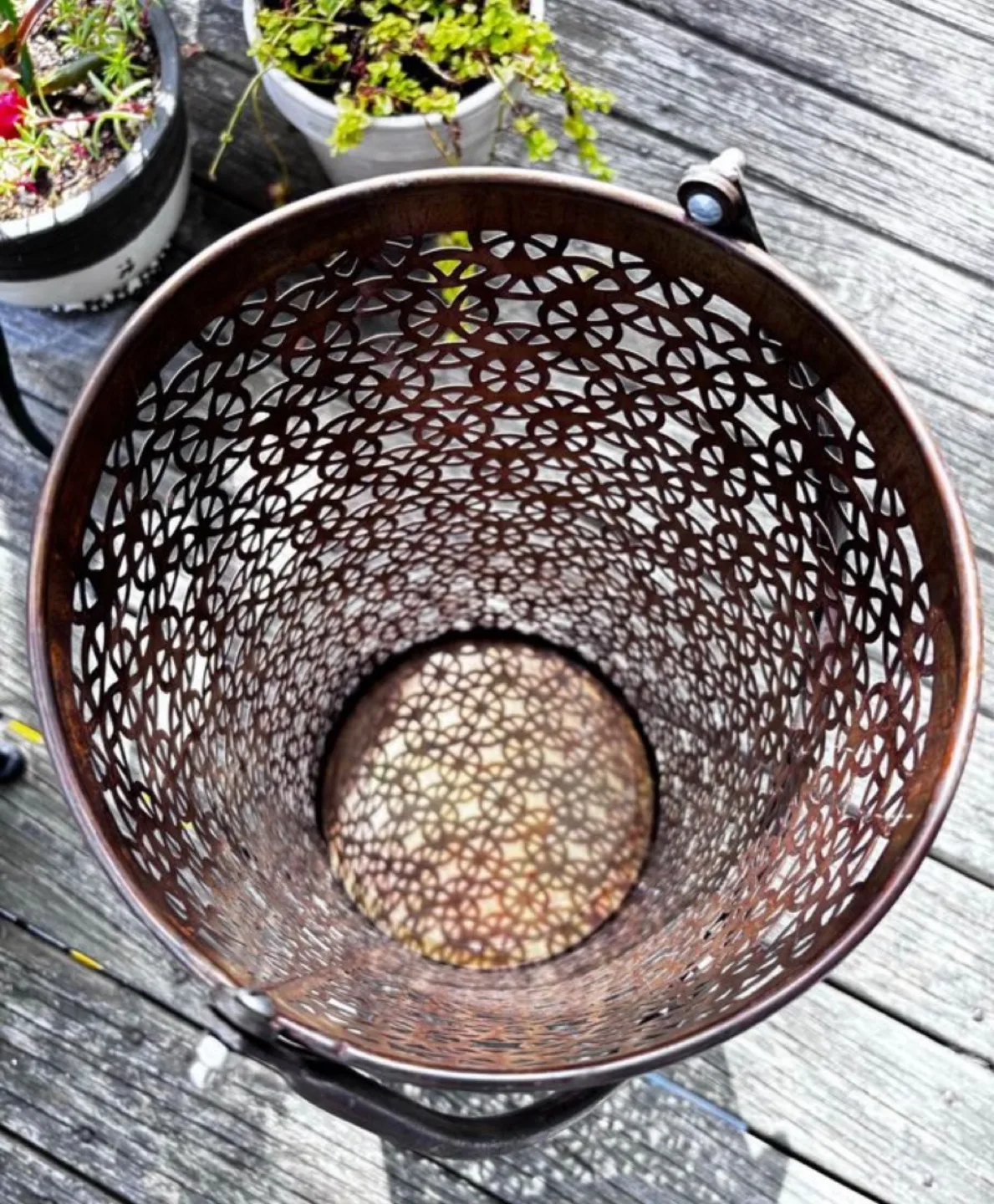 Rustic Bronzed Filigree Basket with Tall Handle Like New image indicator(7)