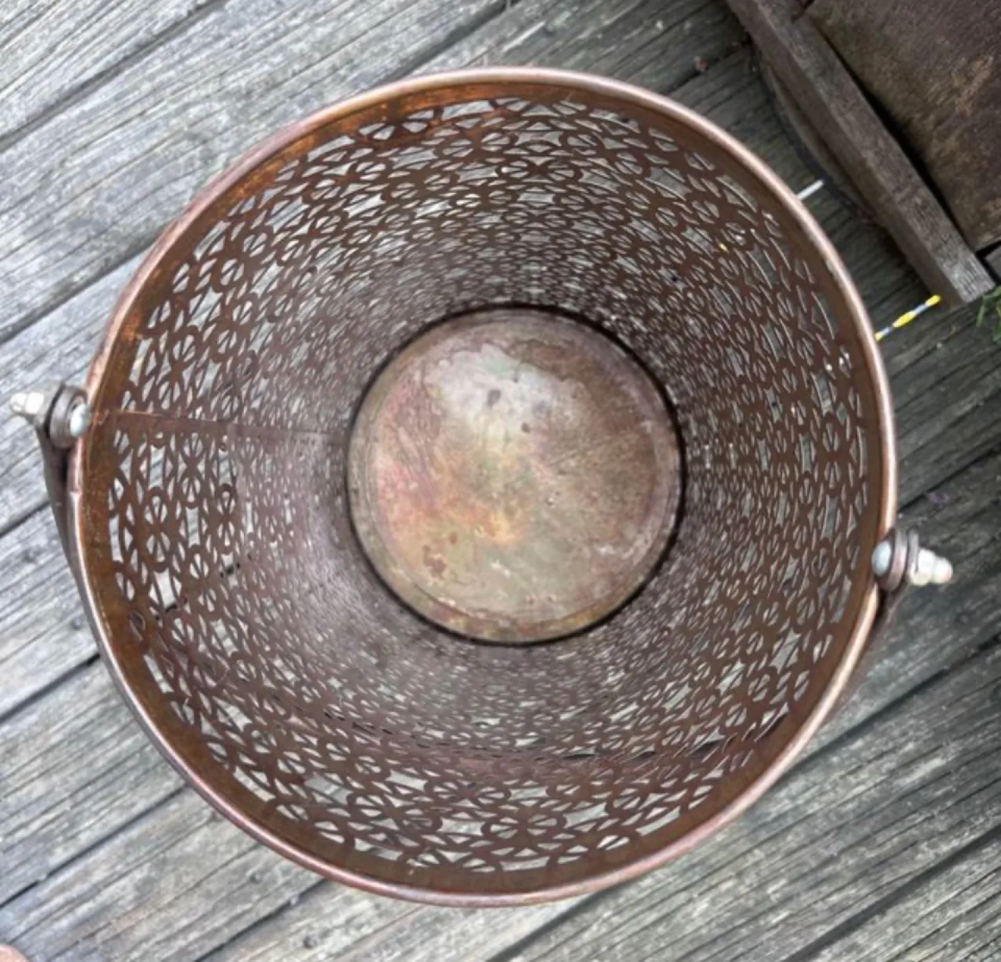 Rustic Bronzed Filigree Basket with Tall Handle Like New image indicator(8)