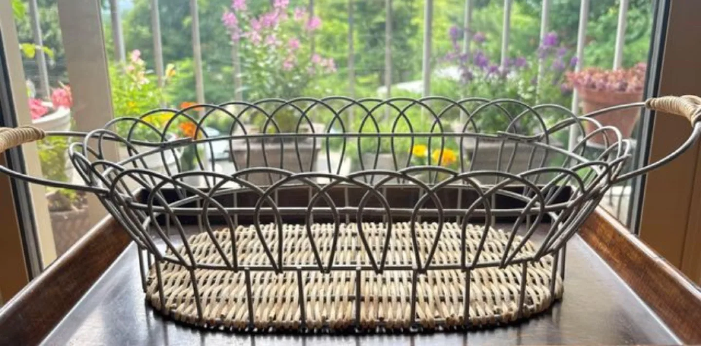 Wicker & Metal Basket Wicker detail on handles  Like New image indicator(2)