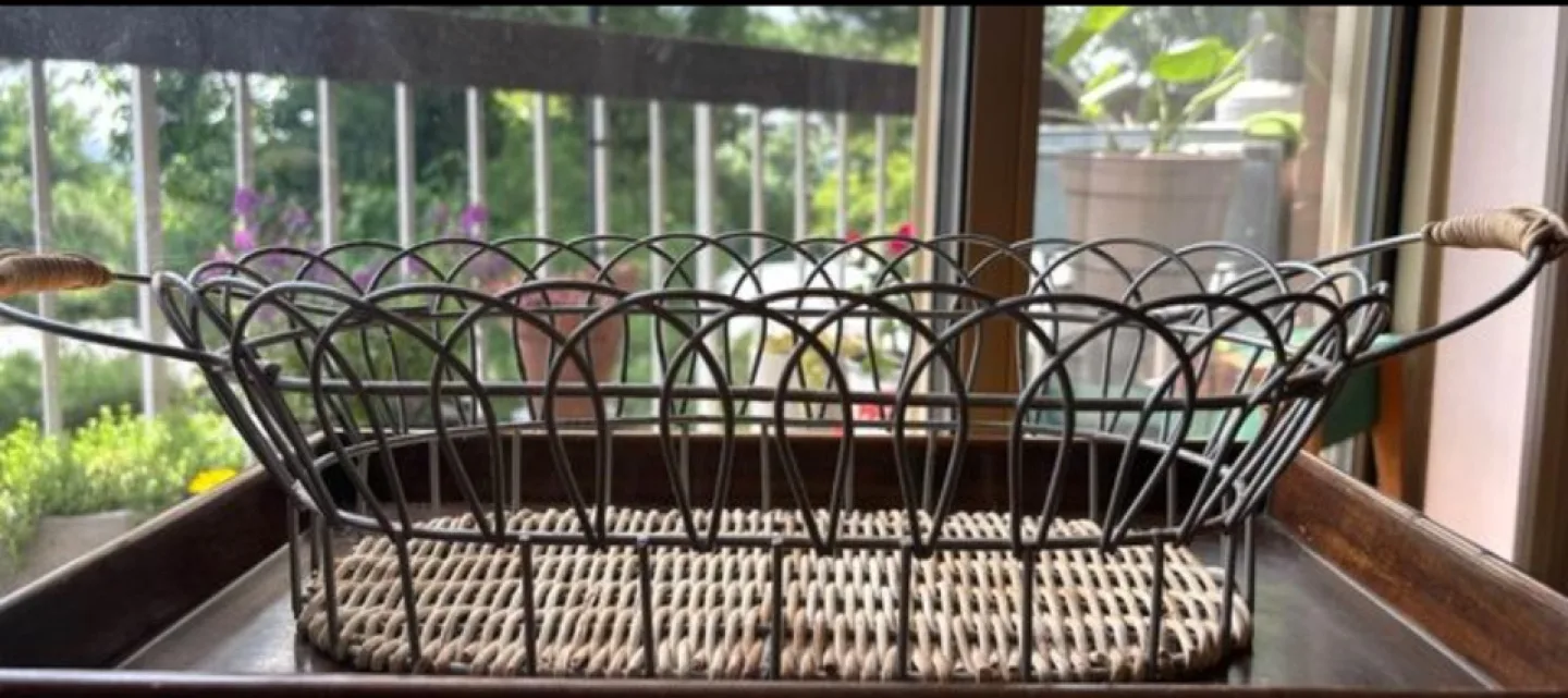 Wicker & Metal Basket Wicker detail on handles  Like New image indicator(3)