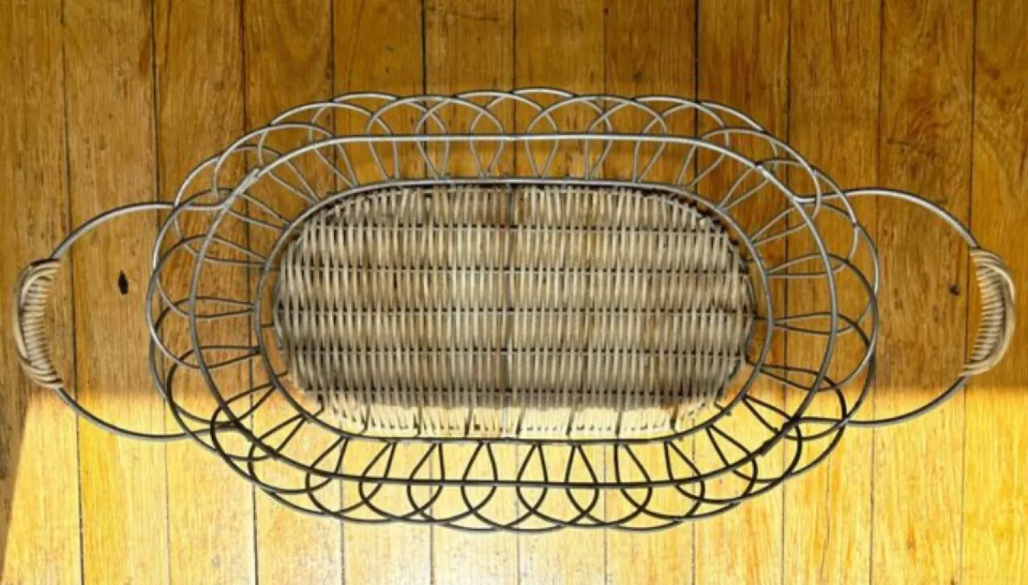 Wicker & Metal Basket Wicker detail on handles  Like New image indicator(5)