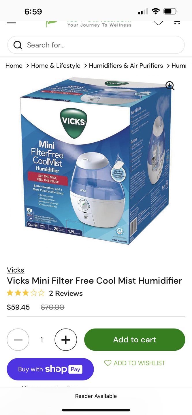Vicks Mini Filter Free Cool Mist Humidifier- moving sell