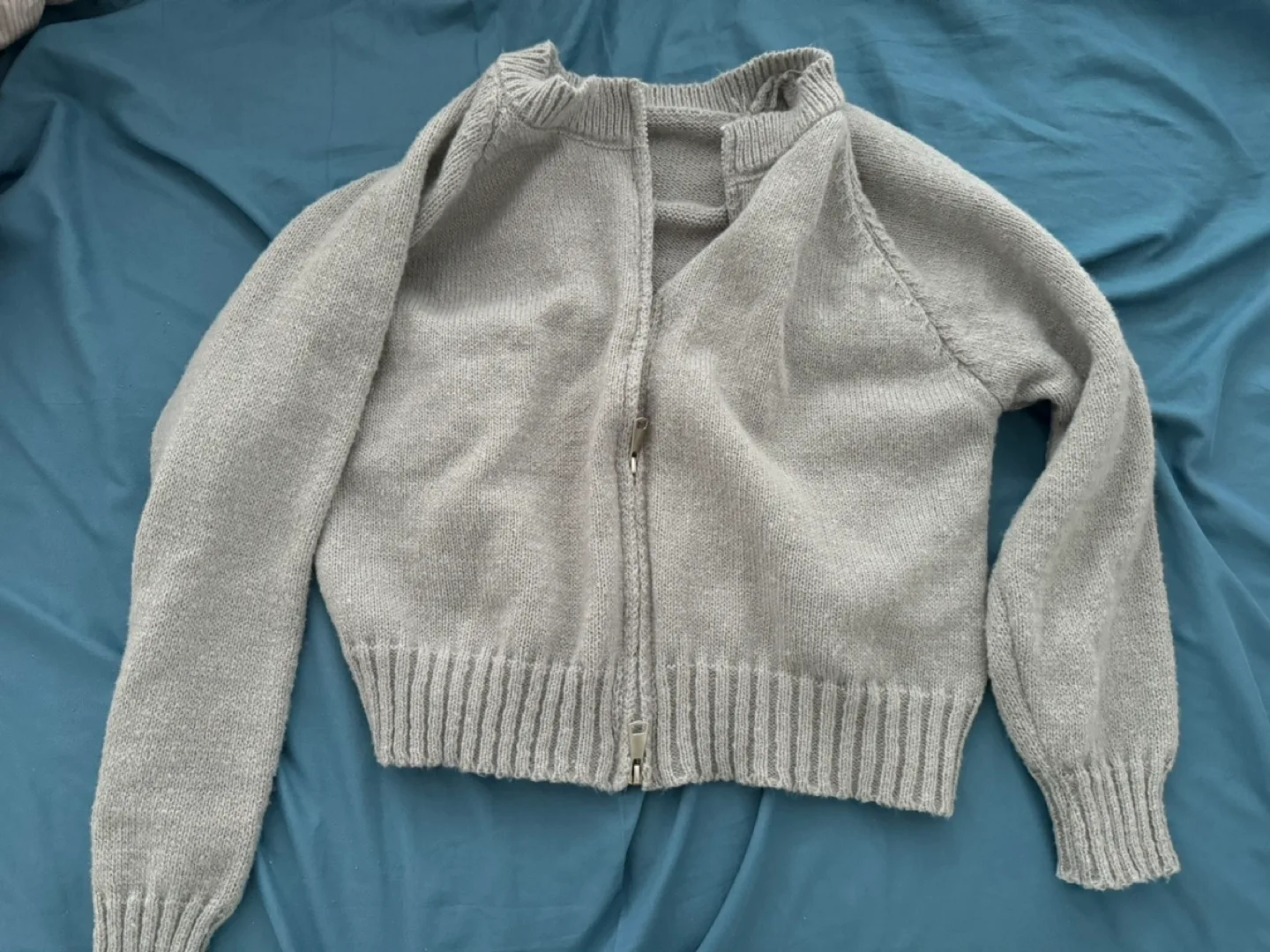 Grey Knitted Zip Up Sweater Cardigan Size Small #freecycle thumbnail