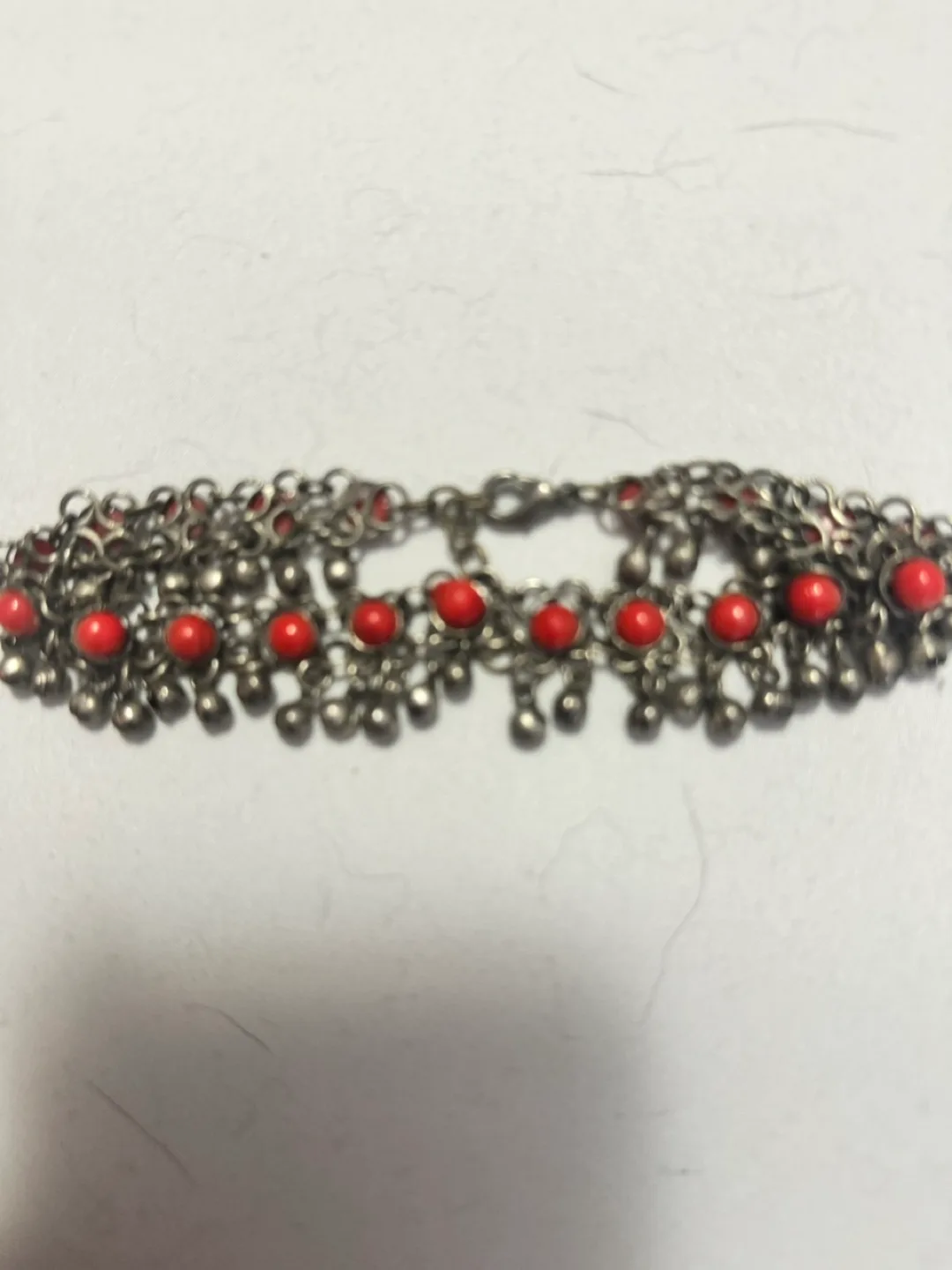 Silver Chain Boho Anklet with Red Beads thumbnail